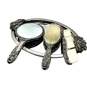 Godinger GSA Silver Plated Roses Mirror Brush Comb Tray Vanity Set Vintage